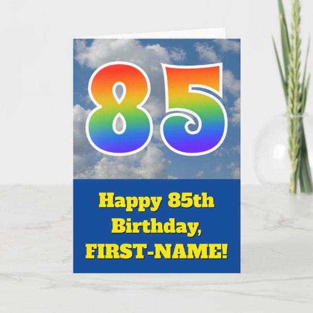 Cloudy Blue Sky, Rainbow Pattern "85" Birthday # Card (Front)
