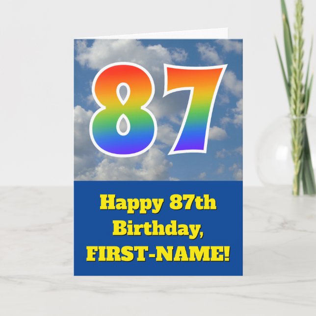 Cloudy Blue Sky, Rainbow Pattern "87" Birthday # Card (Front)