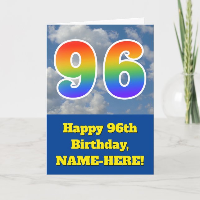 Cloudy Blue Sky, Rainbow Pattern "96" Birthday # Card (Front)