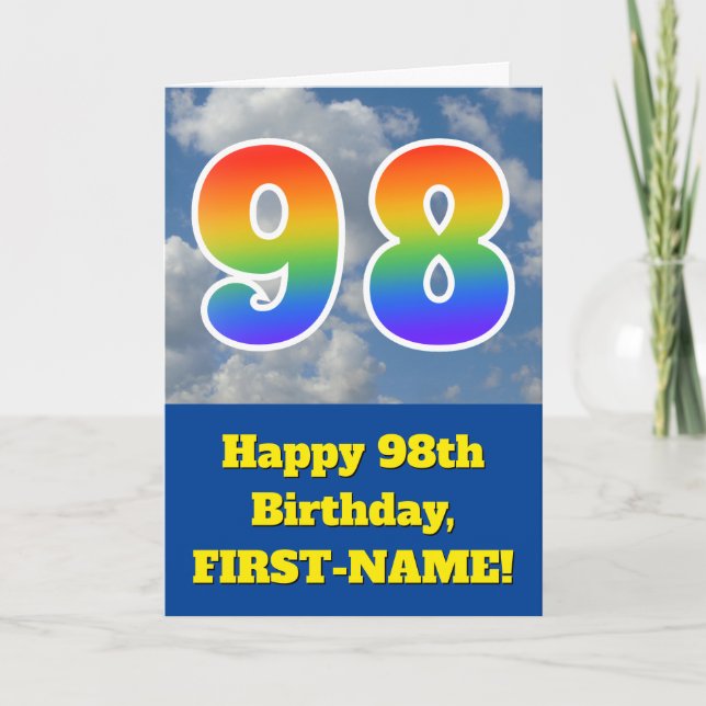 Cloudy Blue Sky, Rainbow Pattern "98" Birthday # Card (Front)