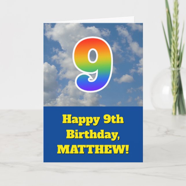 Cloudy Blue Sky, Rainbow Pattern "9" Birthday # Card (Front)