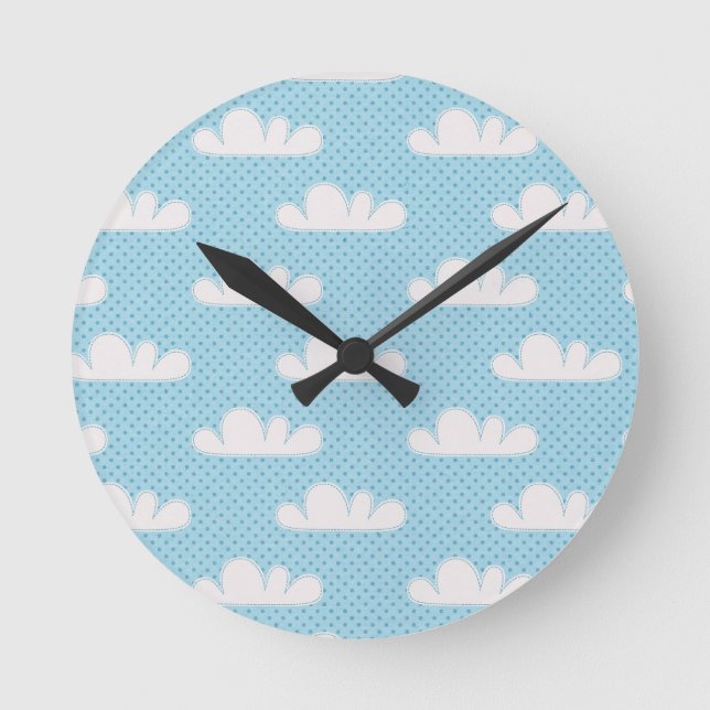 Cloudy Clouds Blue Dotty Sky Round Clock (Front)