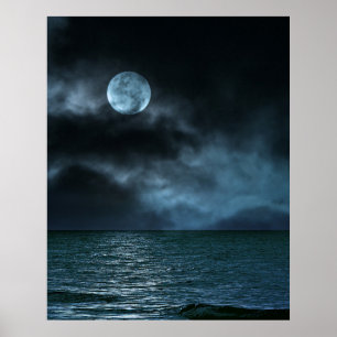 Cloudy Moon Shore at Night Poster