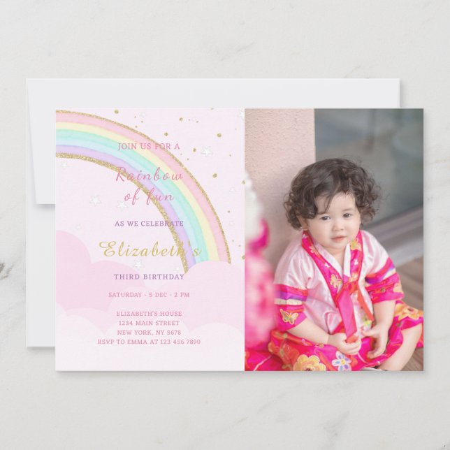 Cloudy Rainbow Birthday Invitation With Photo (Front)