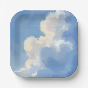 Cloudy Skies Blue Watercolor Painting Paper Plate