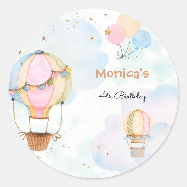 Cloudy sky hot air balloons kids birthday classic round sticker (Front)