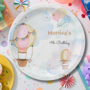 Cloudy sky hot air balloons kids birthday paper plate