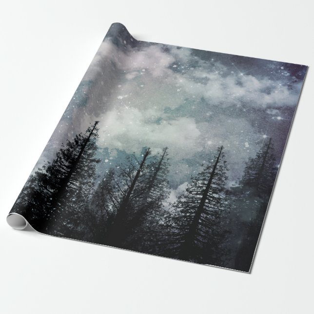 Cloudy Winter Pine Forest Wrapping Paper (Unrolled)