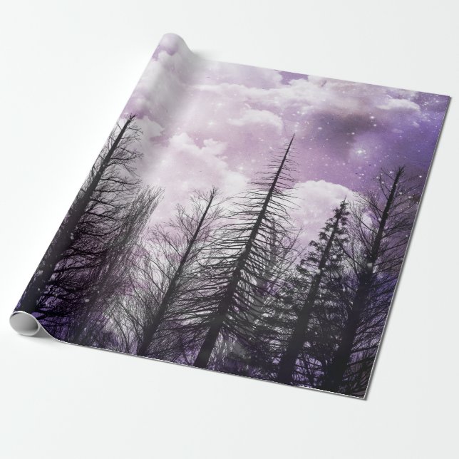 Cloudy Winter Purple Pine Forest Wrapping Paper (Unrolled)
