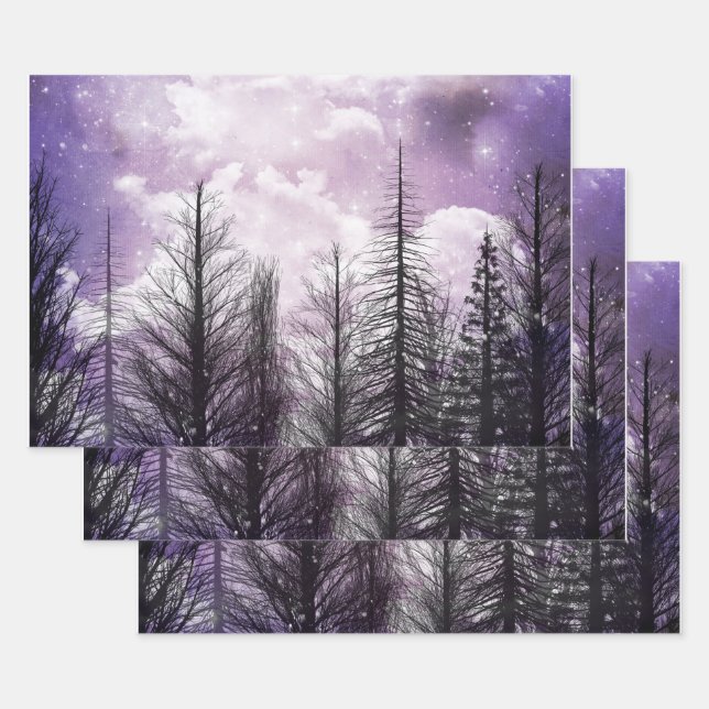 Cloudy Winter Purple Pine Forest Wrapping Paper Sheet (Set)