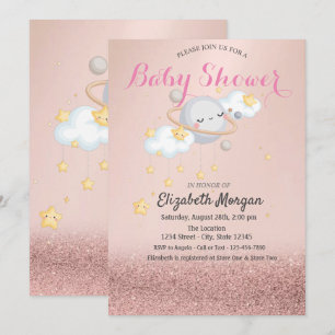 Clous Stars Planet Rose Gold Bokeh Baby Shower  Invitation