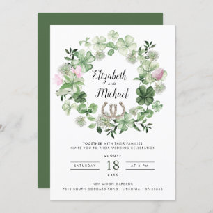 Clover Botanical Greenery Wreath   Horseshoes  Invitation