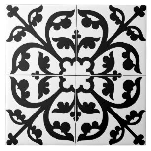 Clover Flower Floral Abstract Black & White Tile