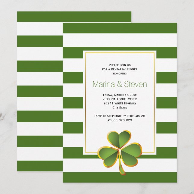Clover & green, stripes wedding rehearsal dinner invitation (Front/Back)