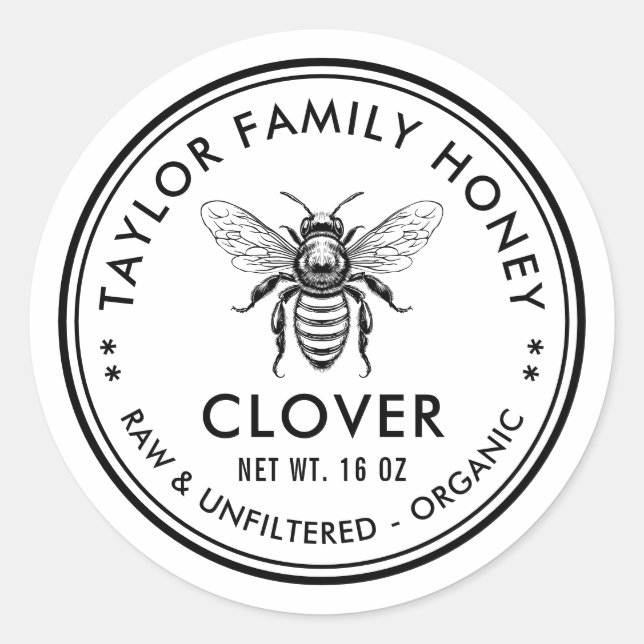 Clover honey label with custom colour honey bee (Front)