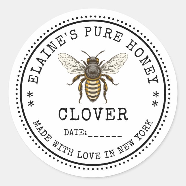 Clover honey label with vintage bee illustration (Front)