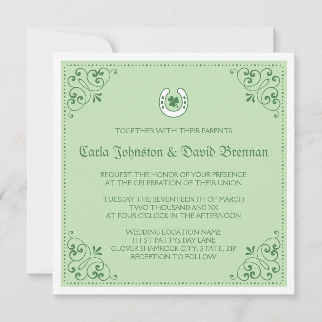 Clover horseshoe green St Patrick's day wedding Invitation (Front)