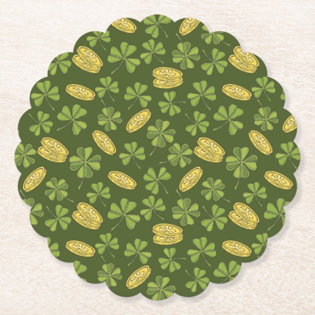 Clover Leaf & Gold Coin Pattern Paper Coaster (Front)