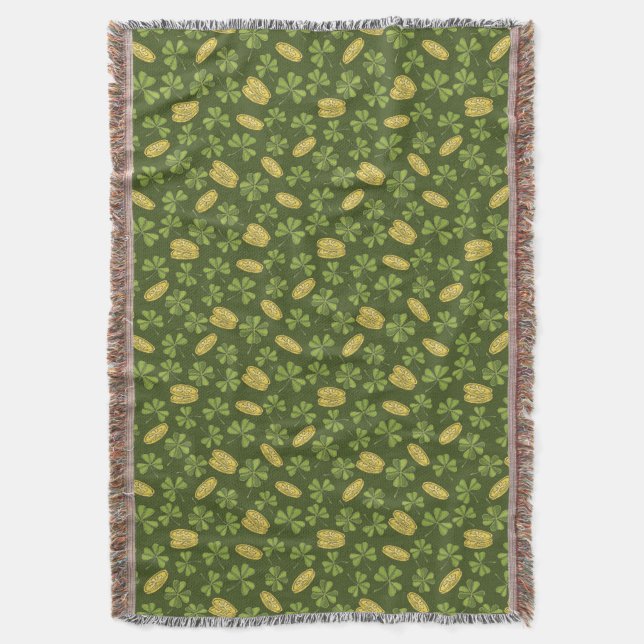 Clover Leaf & Gold Coin Pattern Throw Blanket (Front Vertical)