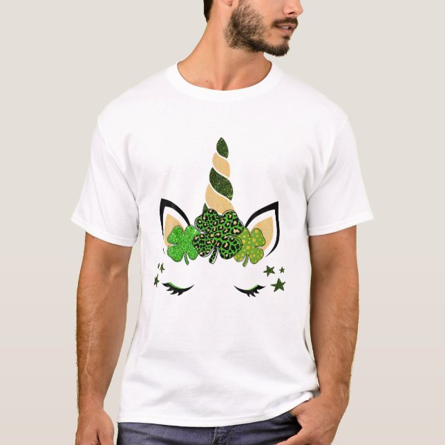 Clover Leaf Unicorn Head St Patrick Day Graphic Fu T-Shirt (Front)