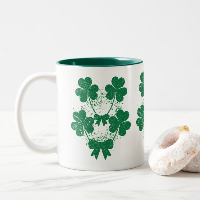 Clover Leaves with green Bow Two-Tone Coffee Mug (With Donut)