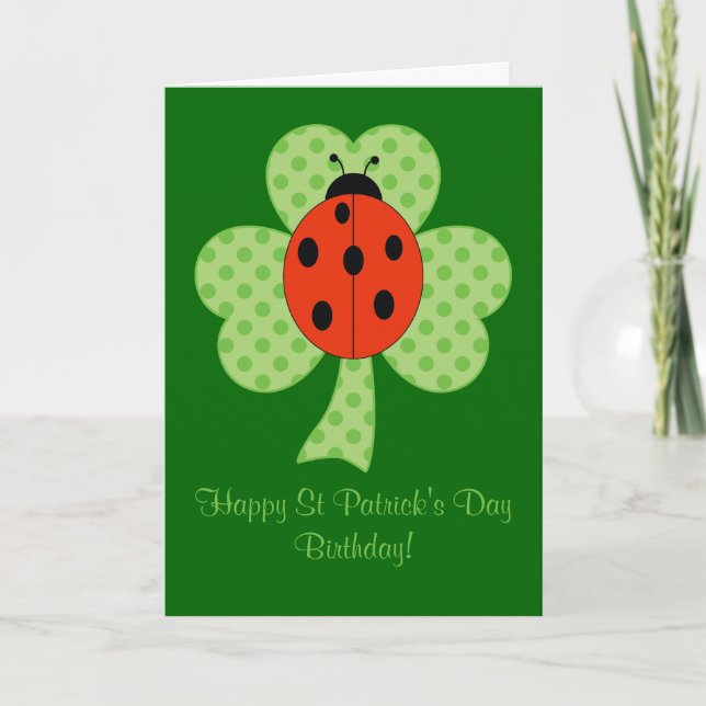 Clover Polka dots Ladybug St Patricks Day Birthday Card (Front)