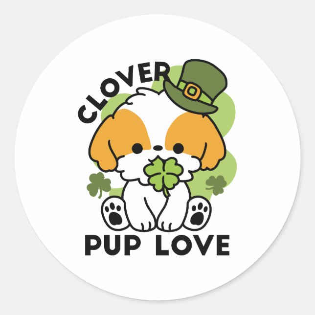 Clover Pup Love – St. Patrick's Day Dog Design Classic Round Sticker (Front)