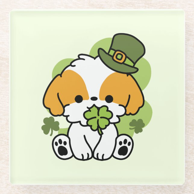 Clover Pup Love – St. Patrick's Day Dog Design Glass Coaster (Front)