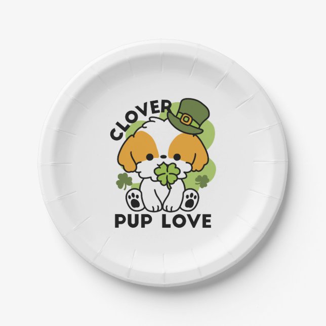 Clover Pup Love – St. Patrick's Day Dog Design Paper Plate (Front)