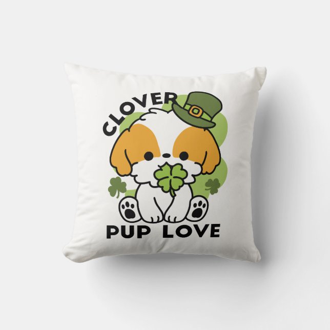 Clover Pup Love – St. Patrick's Day Dog Design Throw Pillow (Front)