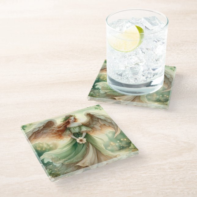 Clover Serenity Angel Glass Coaster (Angled)