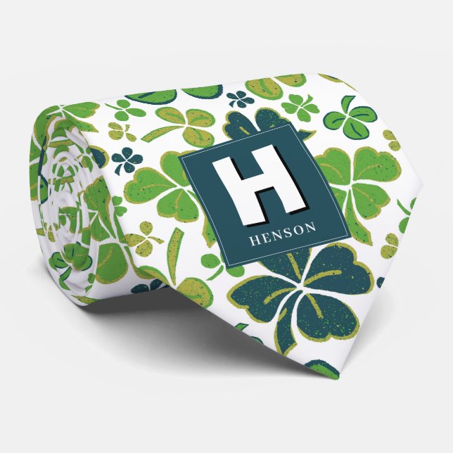Clover Shamrock Monogrammed St. Patrick`s Day Tie (Rolled)