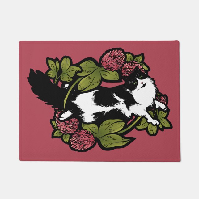 Clover Tuxedo Cat Floral Cats Doormat (Front)