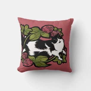 Clover Tuxedo Cat Floral Cats  Throw Pillow
