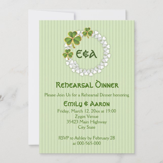 Clover wreath & initials wedding rehearsal dinner invitation (Front)
