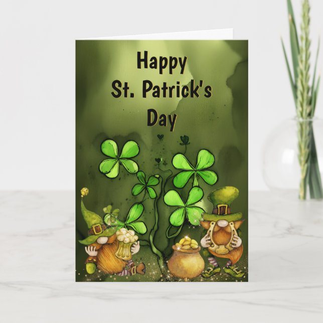 Clovers and Leprechaun Gnomes St. Patrick's Day Holiday Card (Front)