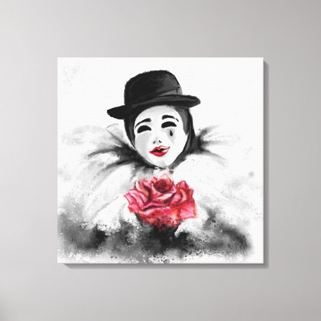 Clown and Rose - Romantic Black White Painting Art Canvas Print (Front)