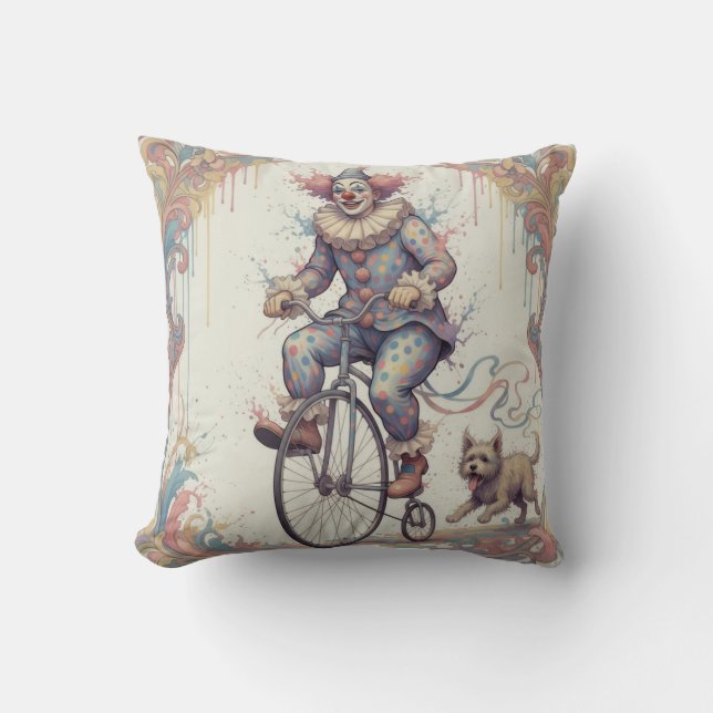 Clown chased by a dog throw pillow (Front)