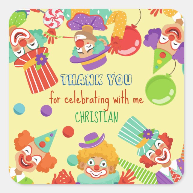 Clown circus birthday party personalized name square sticker (Front)