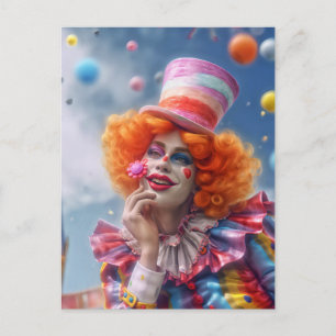 Clown féminin avec des fleurs. Carte postale amusa