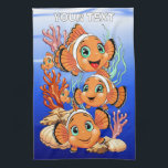Clown fish Cartoon cute Family Underwater Kitchen Towel<br><div class="desc">Cute and Joyful little Clownfish Cartoon Characters swimming together on underwater Coral Reef Background. Original Vector Illustration Copyright BluedarkArt.</div>