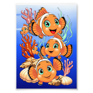 Clown fish Cartoon cute Family Underwater Photo Print