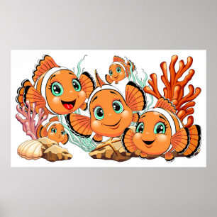 Clown fish Cartoon cute Family Underwater Poster
