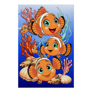 Clown fish Cartoon cute Family Underwater Poster