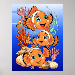 Clown fish Cartoon cute Family Underwater Poster