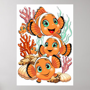 Clown fish Cartoon cute Family Underwater Poster