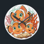Clown fish Cartoon cute Family Underwater Round Clock<br><div class="desc">Cute and Joyful little Clownfish Cartoon Characters swimming together on underwater Coral Reef Background. Original Vector Illustration Copyright BluedarkArt.</div>