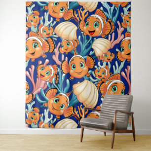 Clown fish Cartoon cute Family Underwater Tapestry