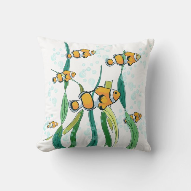 Clown Fish School in Bubbles colour Drawing Throw Pillow (Front)