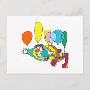 Clown flying by balloon postcard